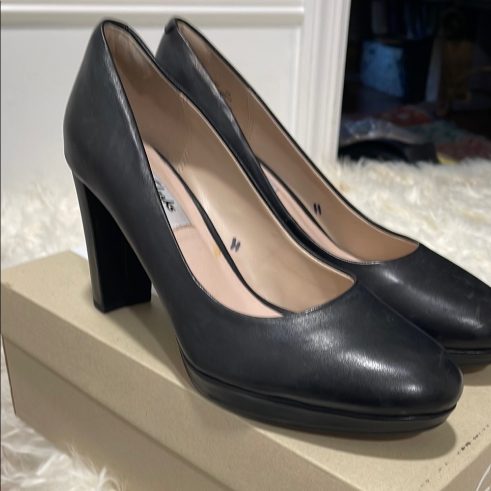 Clarks Black Leather Heels with Chunky Block Heel